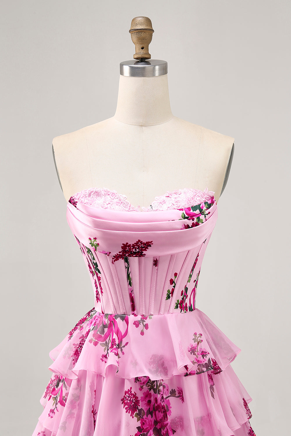 Pink Floral A Line Corset Strapless Tiered Homecoming Dress with Lace Up Back