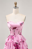 Pink Floral A Line Corset Strapless Tiered Homecoming Dress with Lace Up Back