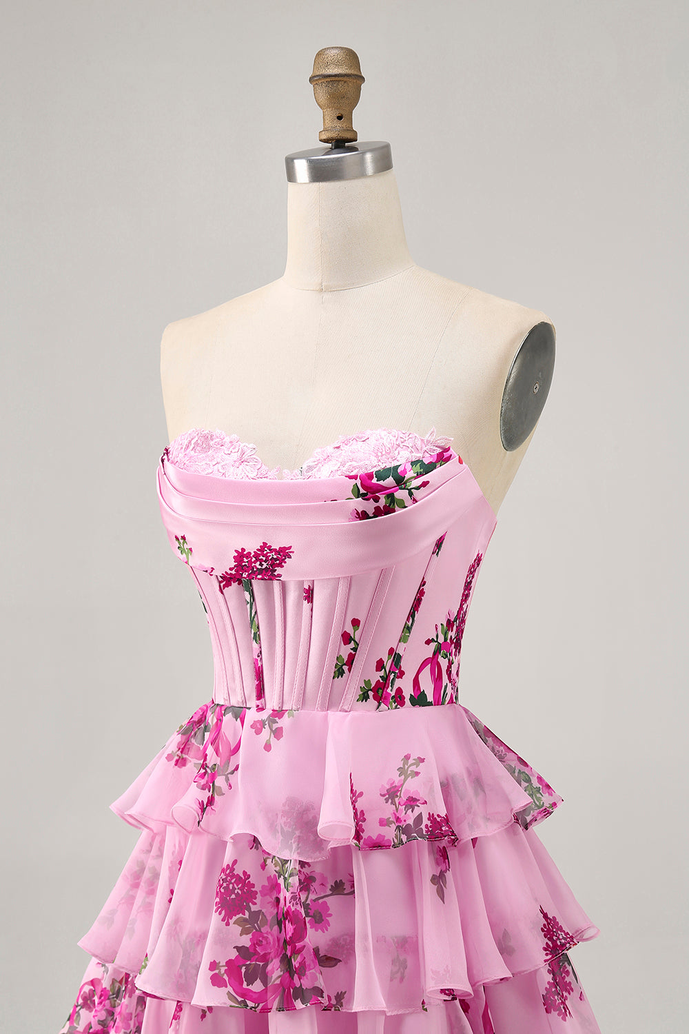 Pink Floral A Line Corset Strapless Tiered Homecoming Dress with Lace Up Back