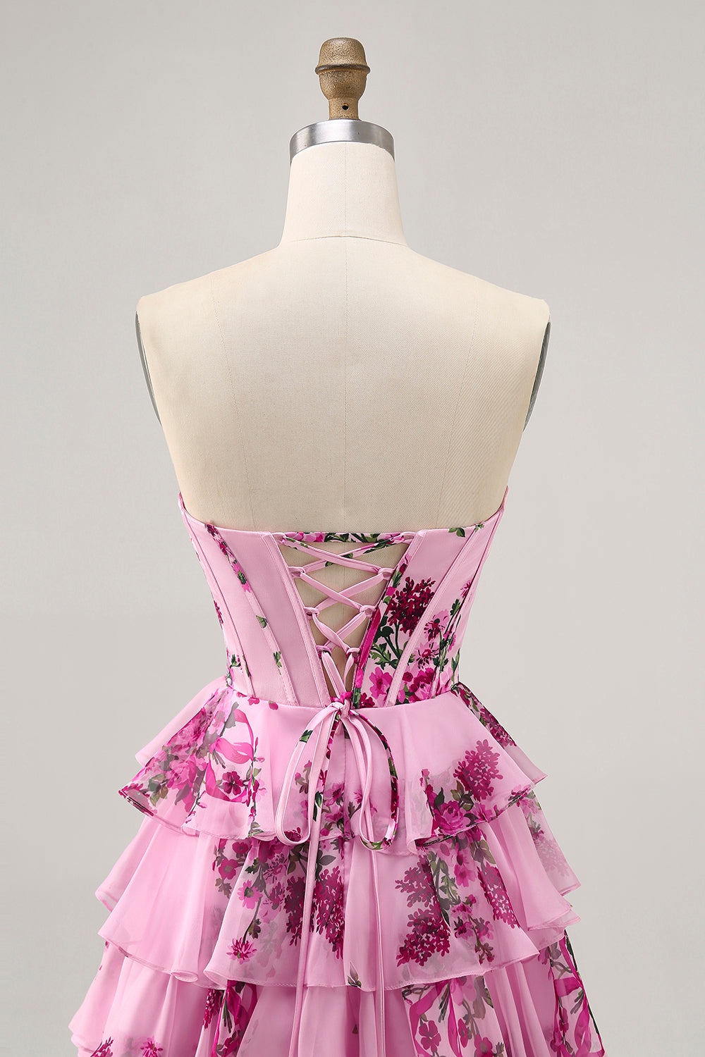 Pink Floral A Line Corset Strapless Tiered Homecoming Dress with Lace Up Back