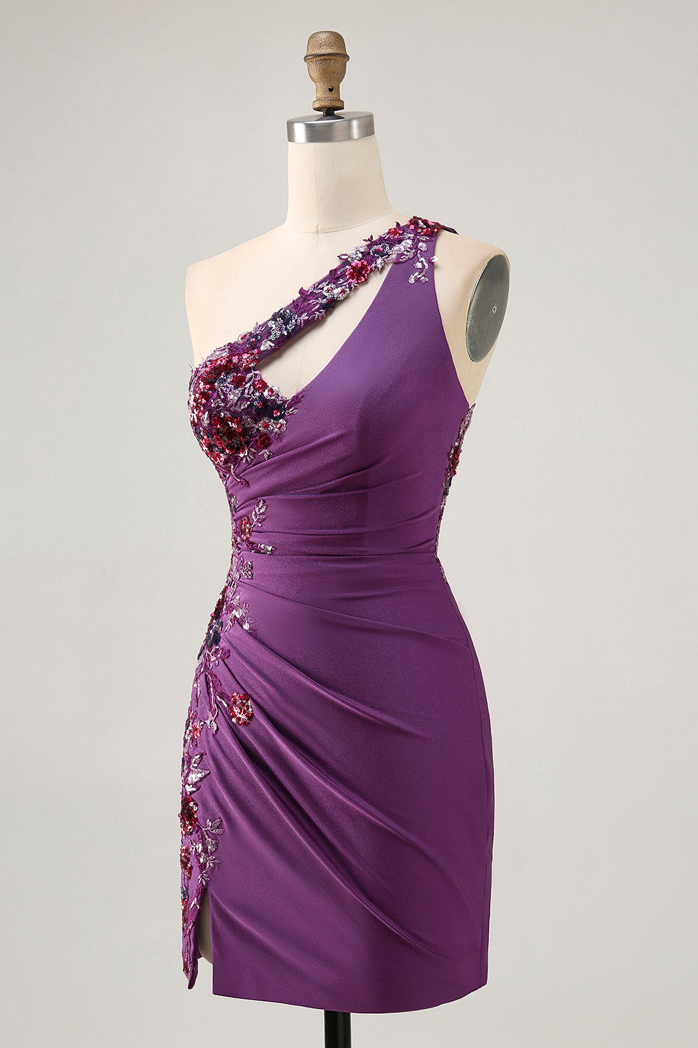 Dark Purple One Shoulder Sequins Bodycon Homecoming Dress with Slit