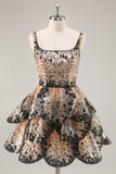 Black Apricot Sequined Tiered A Line Homecoming Dress