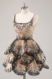 Black Apricot Sequined Tiered A Line Homecoming Dress