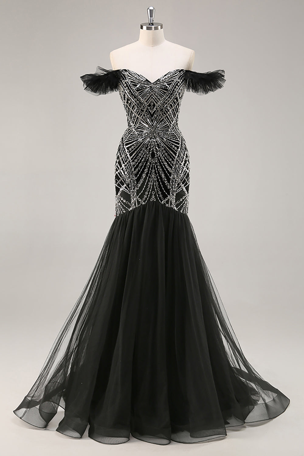 Off the Shoulder Beaded Mermaid Black Prom Dress