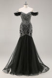 Off the Shoulder Beaded Mermaid Black Prom Dress