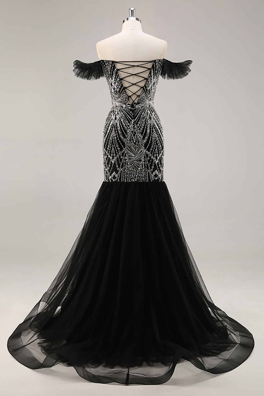 Off the Shoulder Beaded Mermaid Black Prom Dress