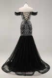 Off the Shoulder Beaded Mermaid Black Prom Dress