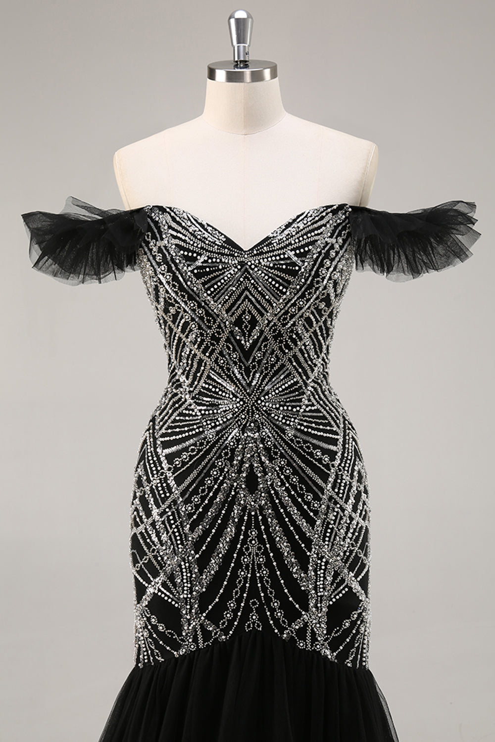 Off the Shoulder Beaded Mermaid Black Prom Dress