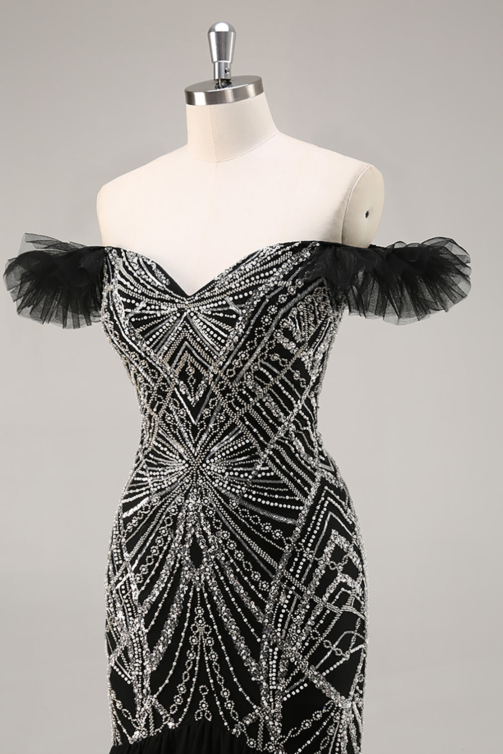 Off the Shoulder Beaded Mermaid Black Prom Dress