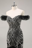 Off the Shoulder Beaded Mermaid Black Prom Dress
