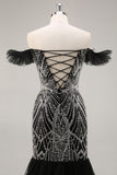 Off the Shoulder Beaded Mermaid Black Prom Dress