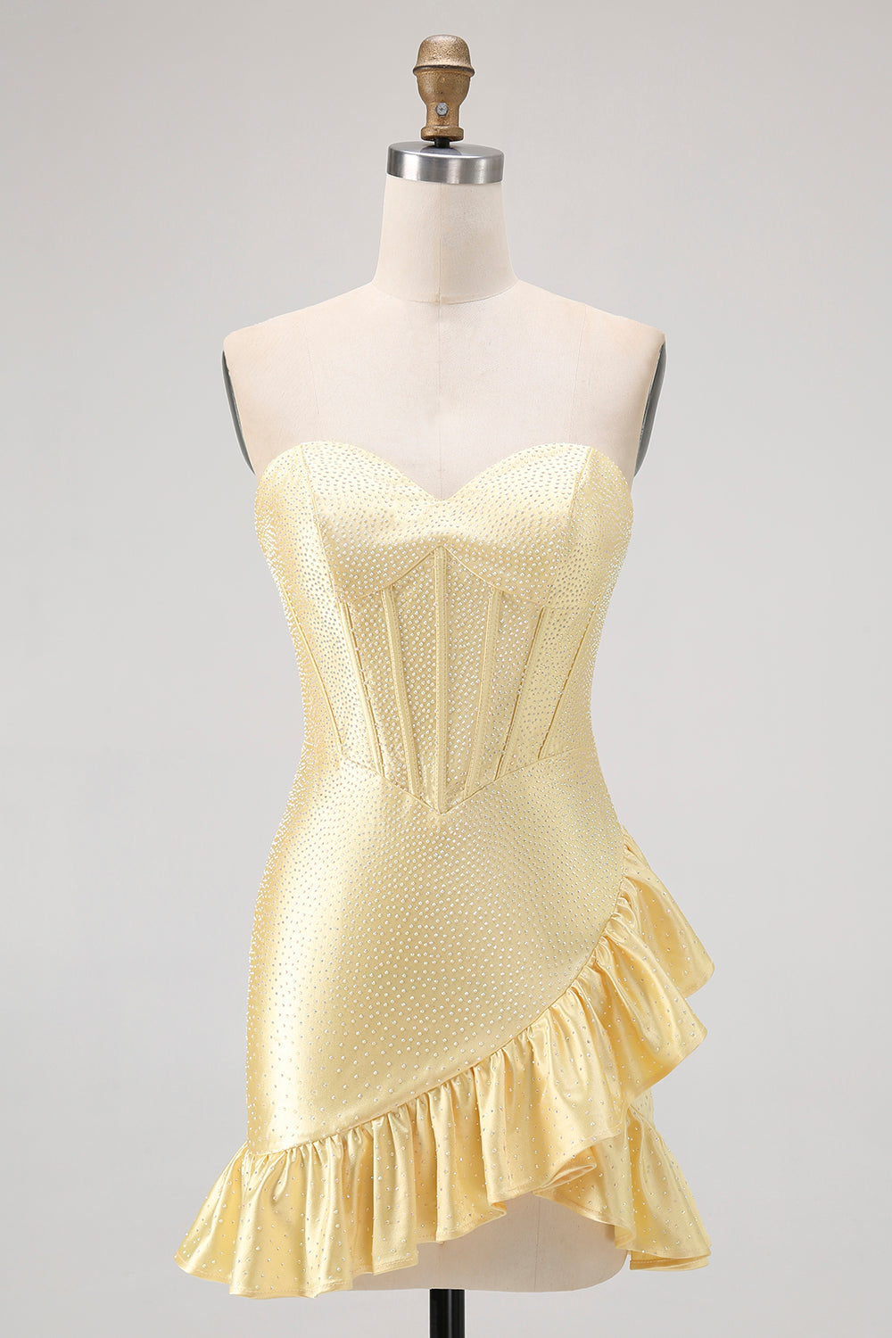 Yellow Bodycon Strapless Corset Beaded Short Homecoming Dress with Ruffles