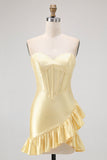 Yellow Bodycon Strapless Corset Beaded Short Homecoming Dress with Ruffles