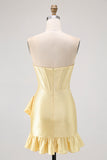 Yellow Bodycon Strapless Corset Beaded Short Homecoming Dress with Ruffles