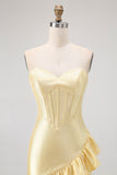 Yellow Bodycon Strapless Corset Beaded Short Homecoming Dress with Ruffles