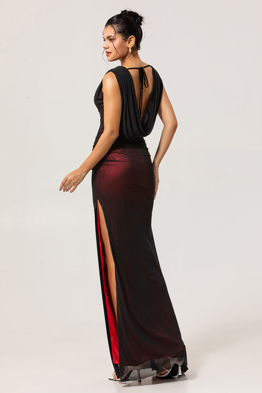 Sheath Cowl Neck Black Red Long Bridesmaid Dress with Slit