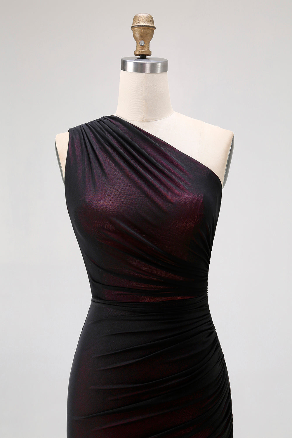 One Shoulder Black Pink Sheath Long Bridesmaid Dress with Slit