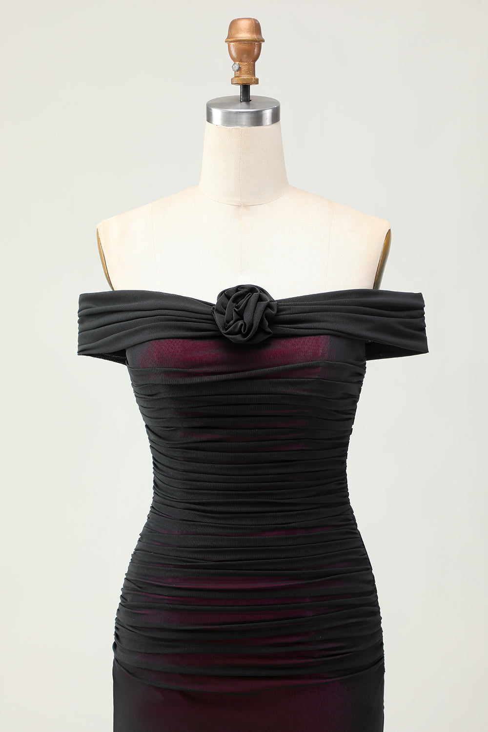 Off the Shoulder Sheath Black Pink Bridesmaid Dress with 3D Flower