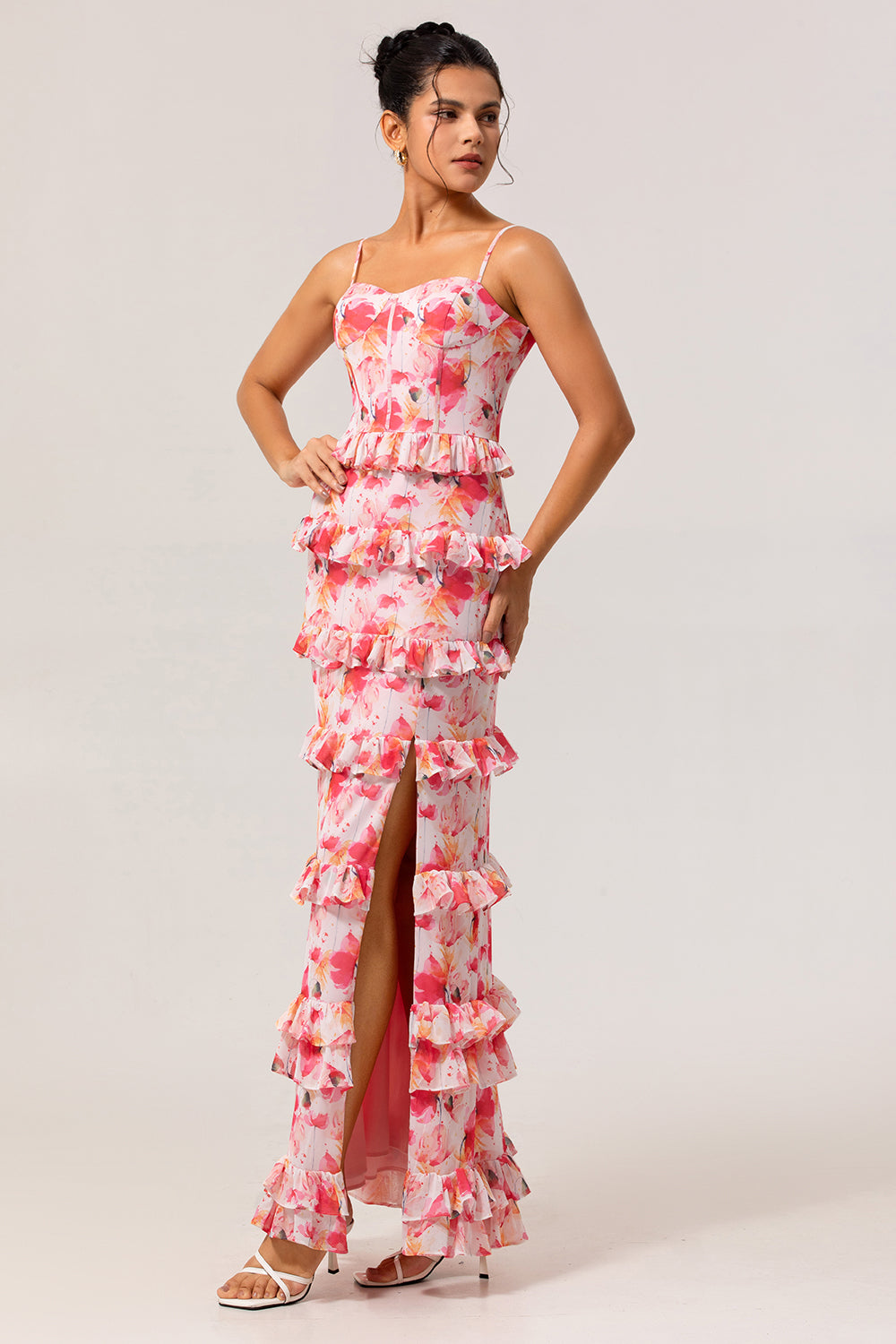 Pink Floral Sheath Ruffled Long Wedding Guest Dress with Slit