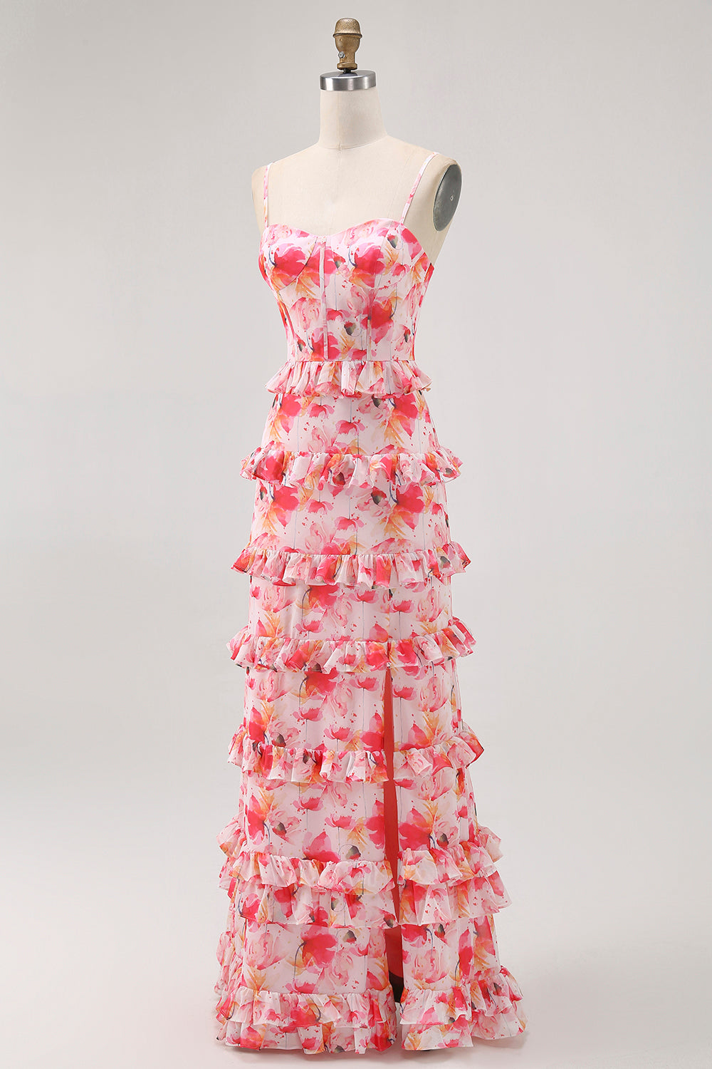 Pink Floral Ruffled Sheath Long Wedding Guest Dress with Slit