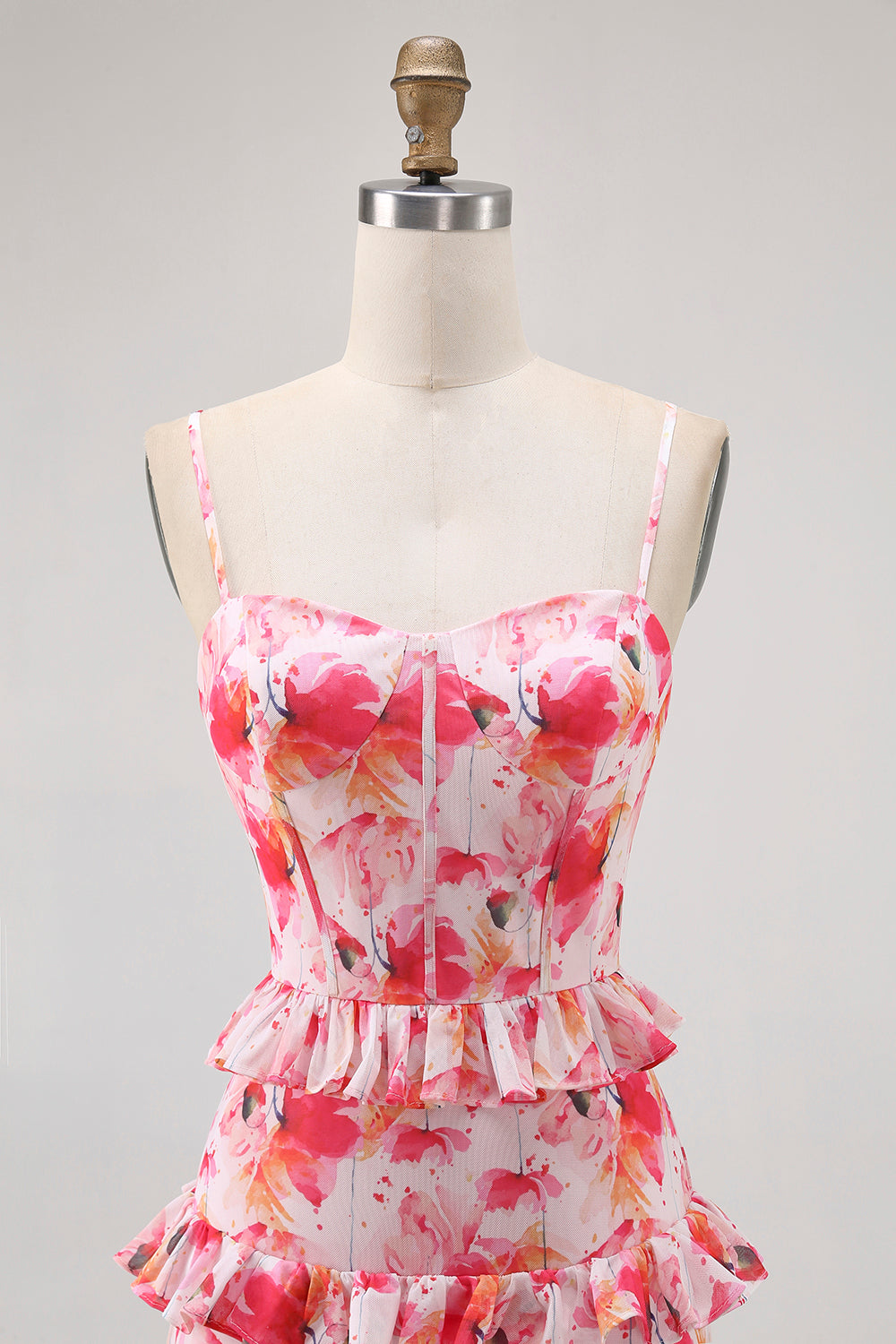 Pink Floral Ruffled Sheath Long Wedding Guest Dress with Slit