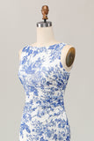 Floral Printed Bodycon White Blue Long Wedding Guest Dress