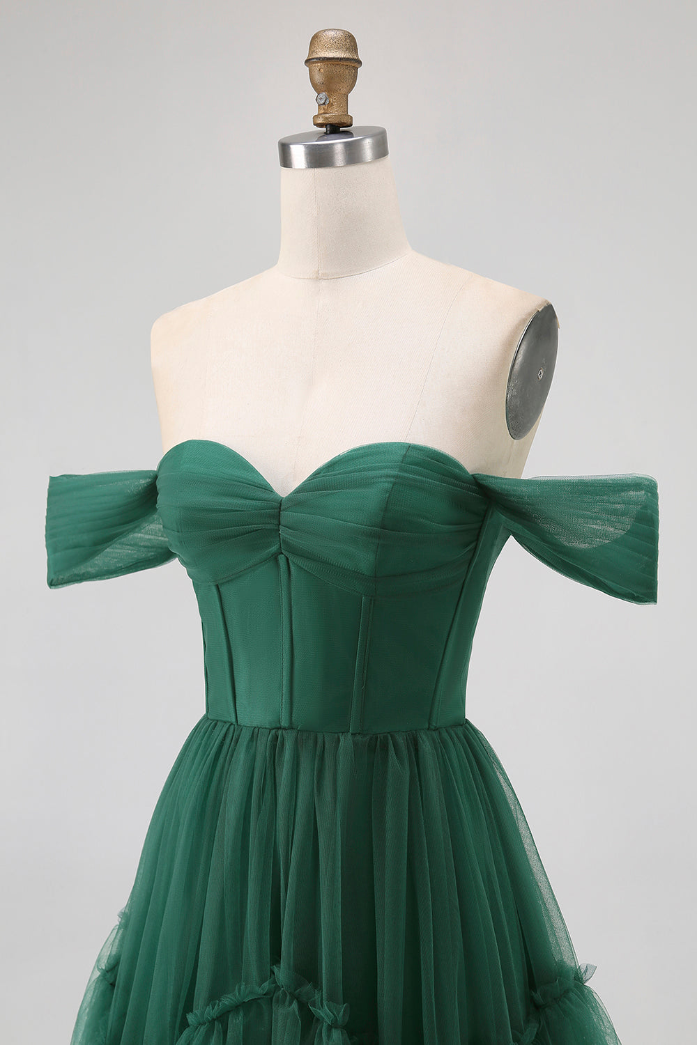 Dark Green Tulle Tiered Ruffled Off The Shoulder A Line Bridesmaid Dress