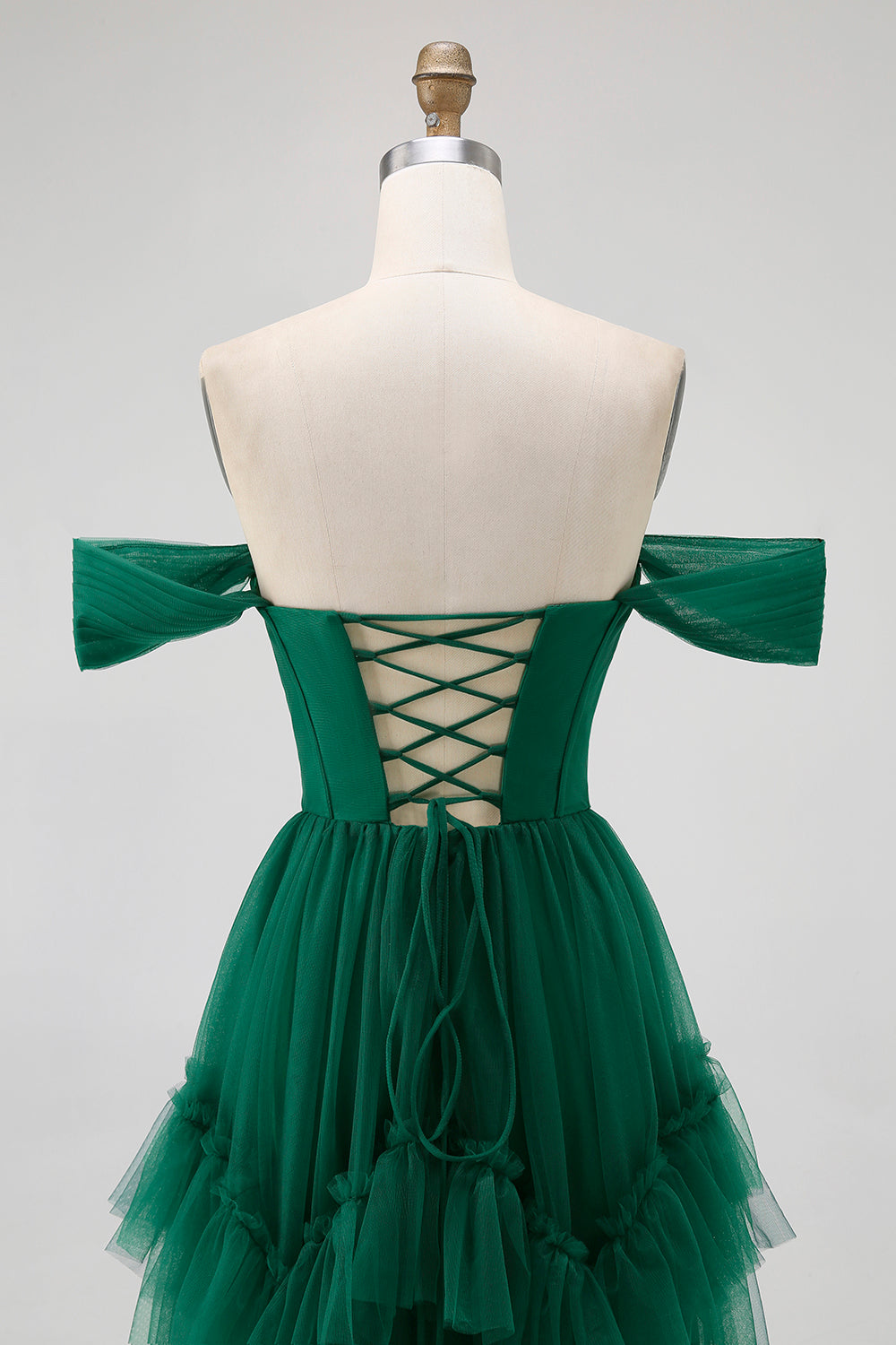 Dark Green Tulle Tiered Ruffled Off The Shoulder A Line Bridesmaid Dress