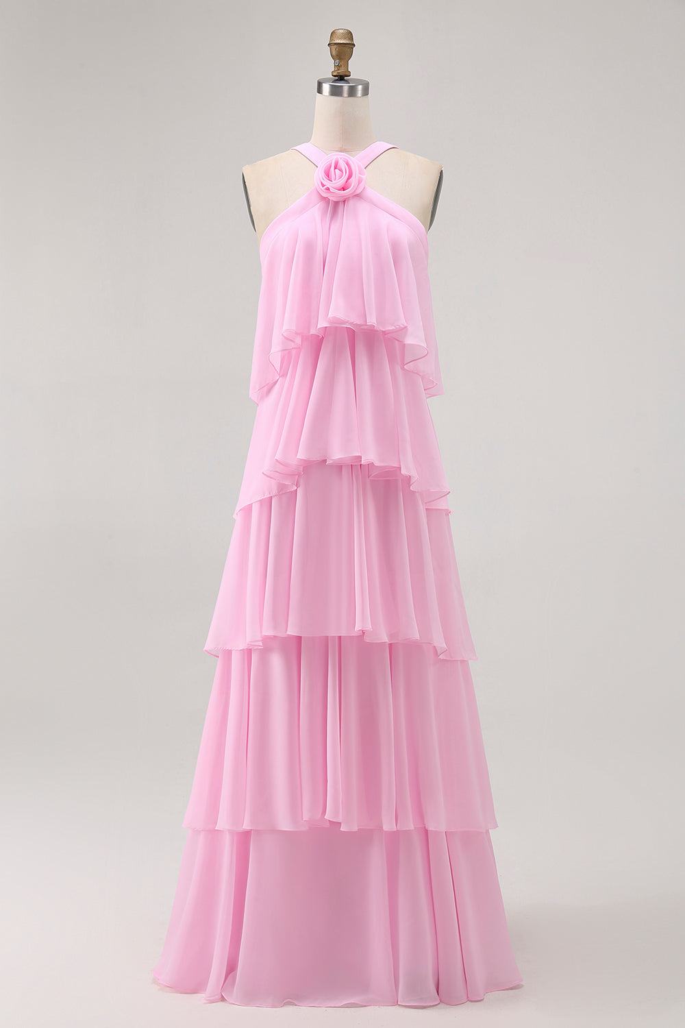 Candy Pink A Line Tiered Chiffon Bridesmaid Dress with 3D Flower