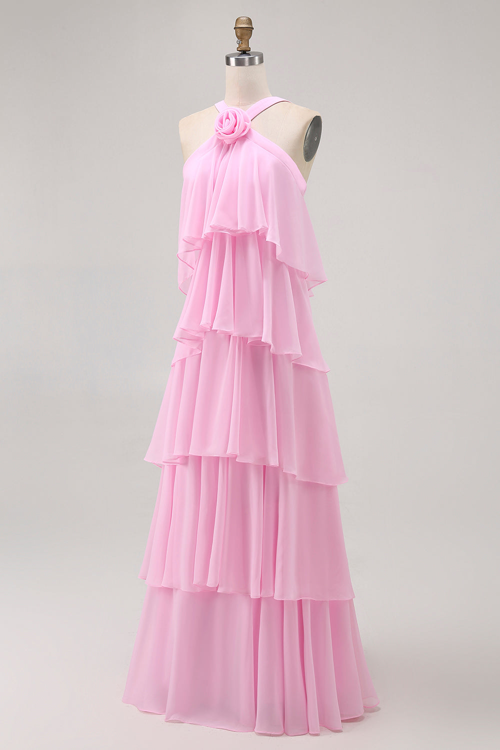 Candy Pink A Line Tiered Chiffon Bridesmaid Dress with 3D Flower