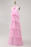 Candy Pink A Line Tiered Chiffon Bridesmaid Dress with 3D Flower