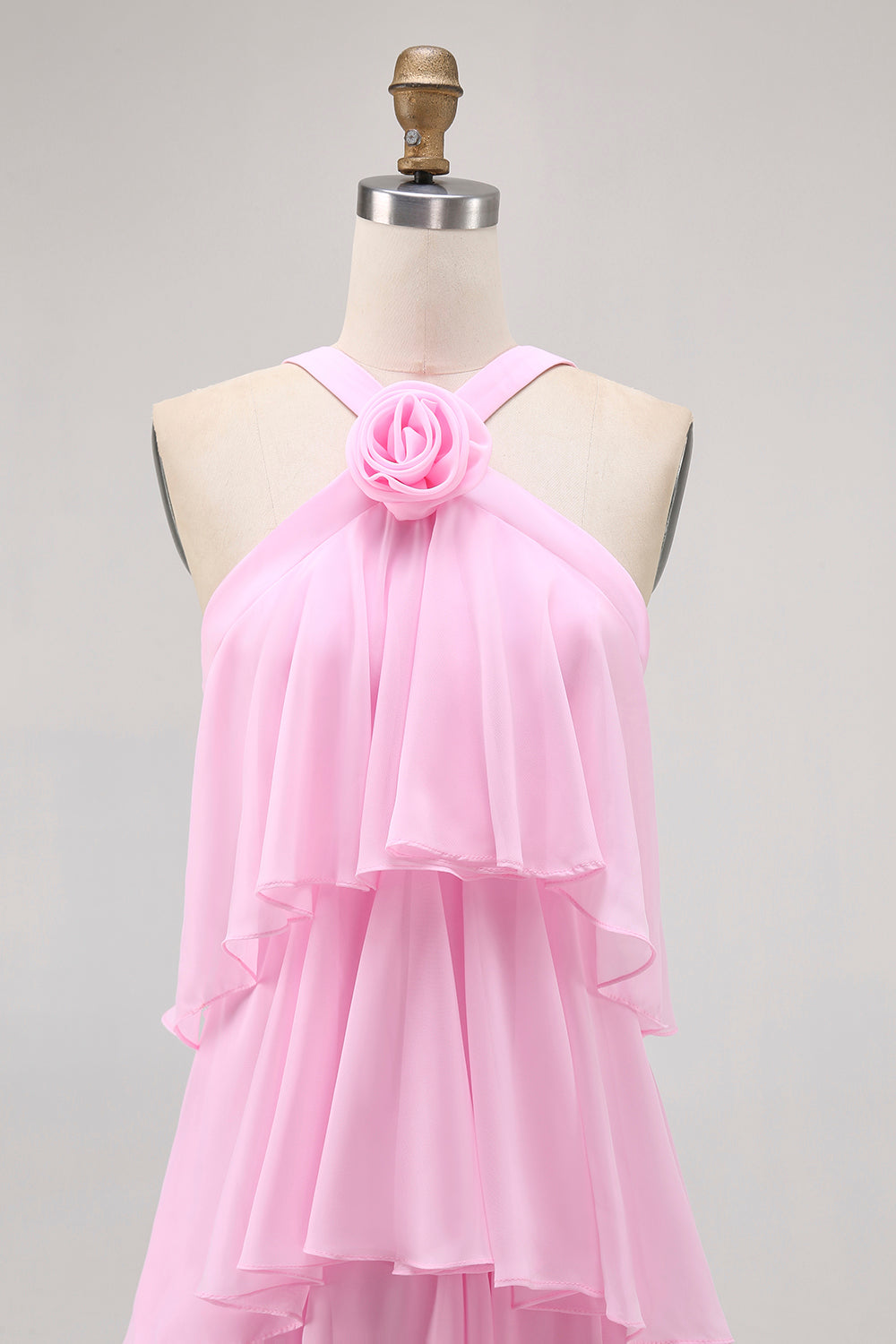 Candy Pink A Line Tiered Chiffon Bridesmaid Dress with 3D Flower