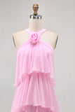 Candy Pink A Line Tiered Chiffon Bridesmaid Dress with 3D Flower