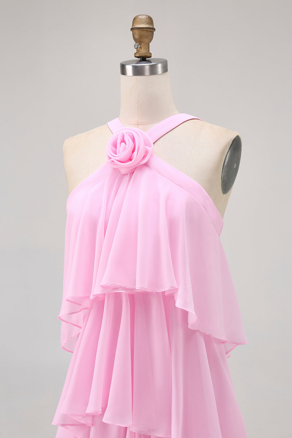 Candy Pink A Line Tiered Chiffon Bridesmaid Dress with 3D Flower