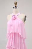 Candy Pink A Line Tiered Chiffon Bridesmaid Dress with 3D Flower