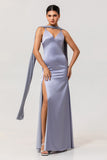 Dusty Blue Sheath Satin Bridesmaid Dress with Sash