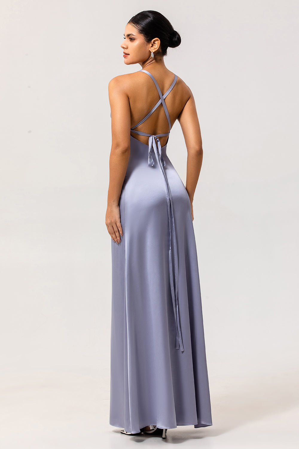 Dusty Blue Sheath Satin Bridesmaid Dress with Sash