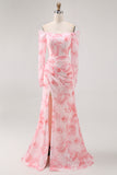 Pink Flower Mermaid Off The Shoulder Long Sleeve Bridesmaid Dress with Slit