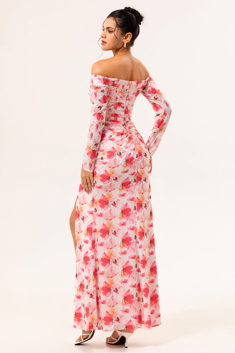 Pink Floral Sheath Off The Shoulder Long Wedding Guest Dress