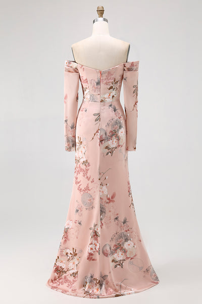 Zapaka Women Blush Floral Maxi Dress with Slit Off The Shoulder Sheath Long  Sleeves Printed Wedding Guest Dress – ZAPAKA