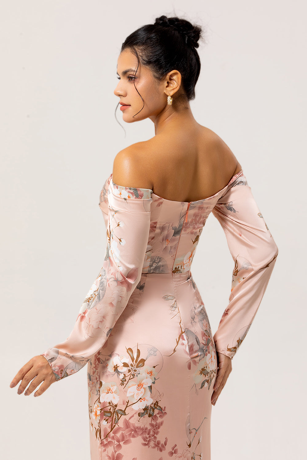 Off The Shoulder Blush Floral Sheath Long Wedding Guest Dress with Slit