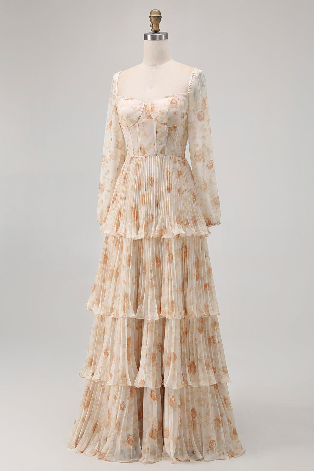Champagne Floral A Line Tiered Long Sleeve Bridesmaid Dress