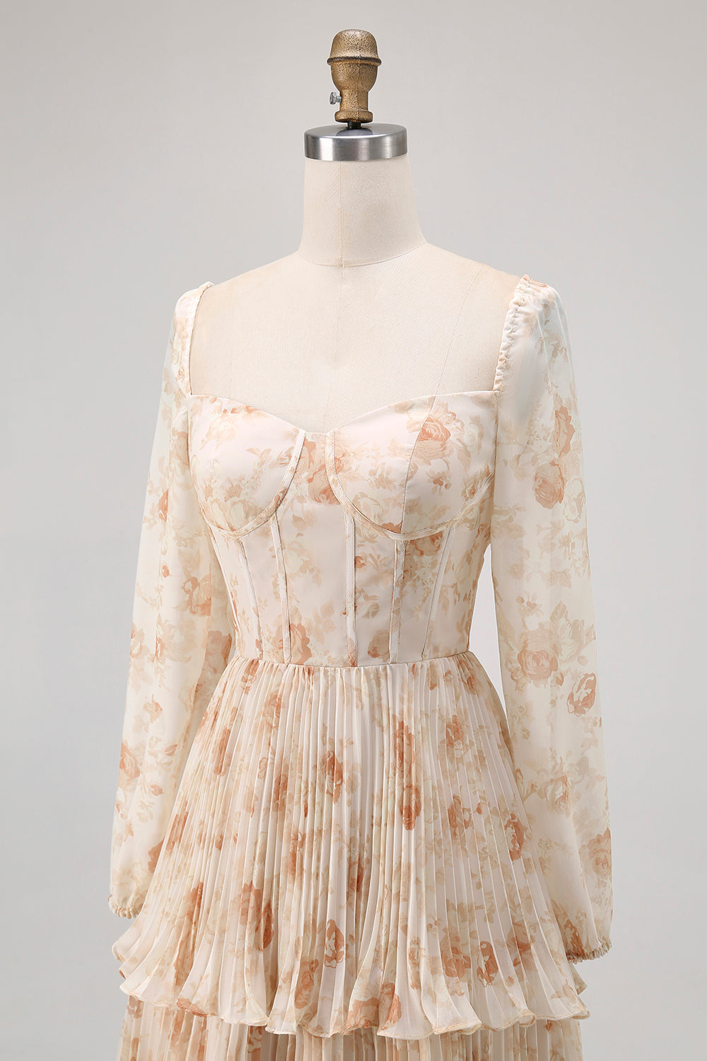 Champagne Floral A Line Tiered Long Sleeve Bridesmaid Dress
