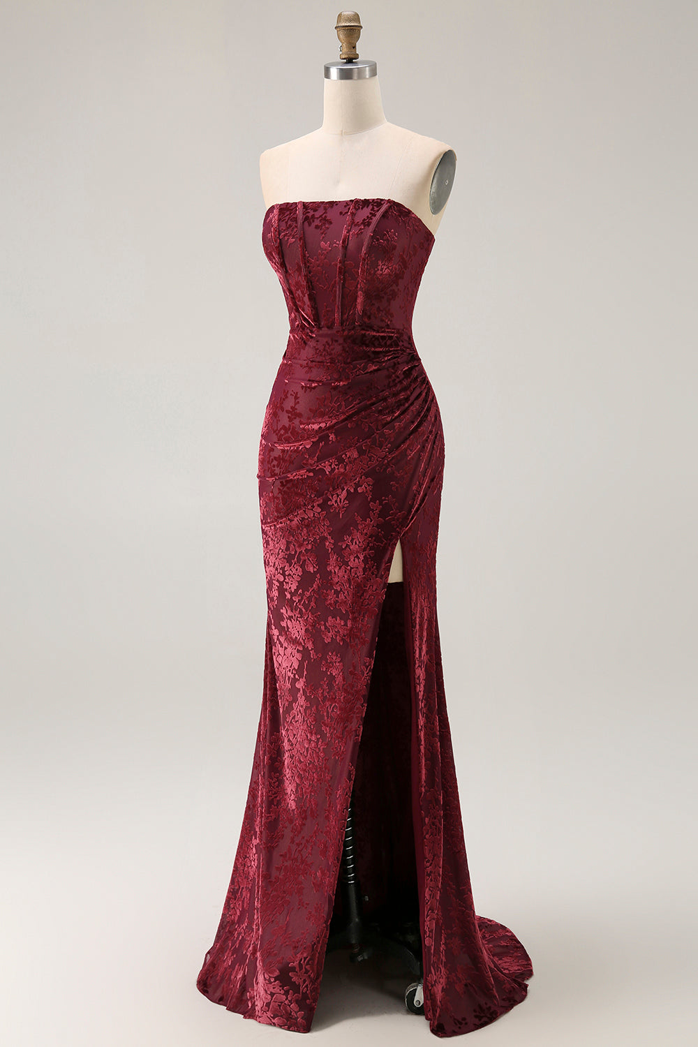 Strapless Peacock Green Corset Burnout Velvet Bridesmaid Dress with Slit