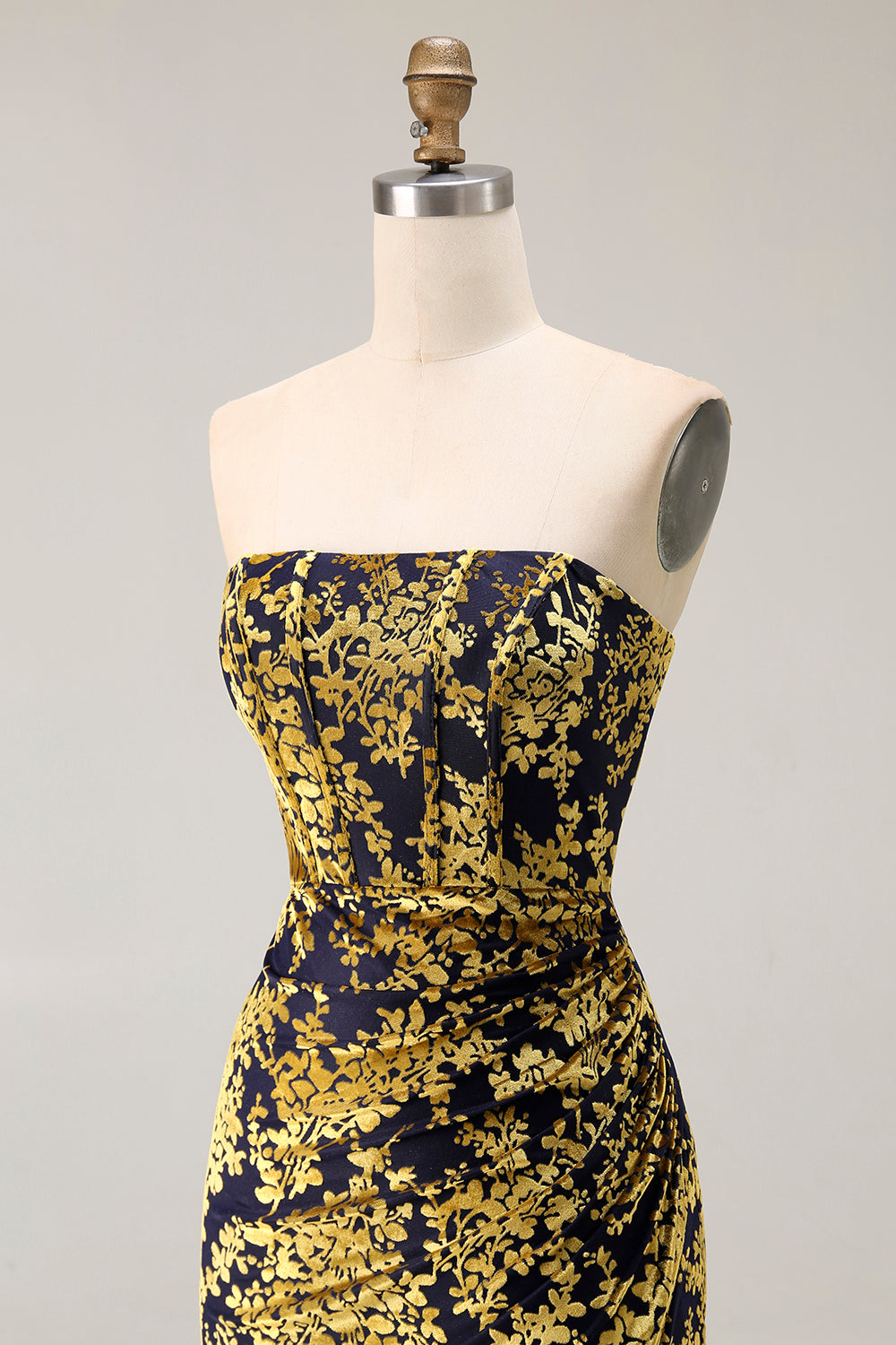 Strapless Peacock Green Corset Burnout Velvet Bridesmaid Dress with Slit