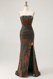 Strapless Peacock Green Corset Burnout Velvet Bridesmaid Dress with Slit
