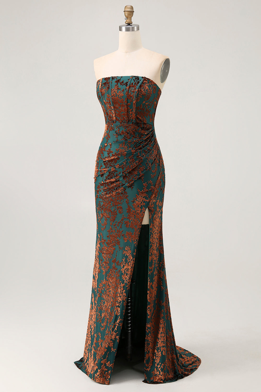 Strapless Peacock Green Corset Burnout Velvet Bridesmaid Dress with Slit