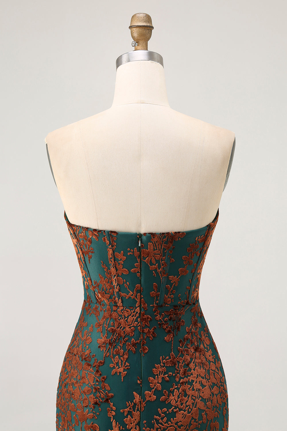 Strapless Peacock Green Corset Burnout Velvet Bridesmaid Dress with Slit