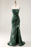 Strapless Peacock Green Corset Burnout Velvet Bridesmaid Dress with Slit