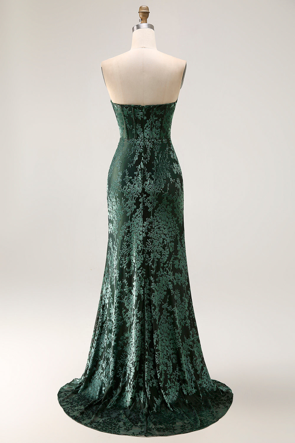 Strapless Peacock Green Corset Burnout Velvet Bridesmaid Dress with Slit